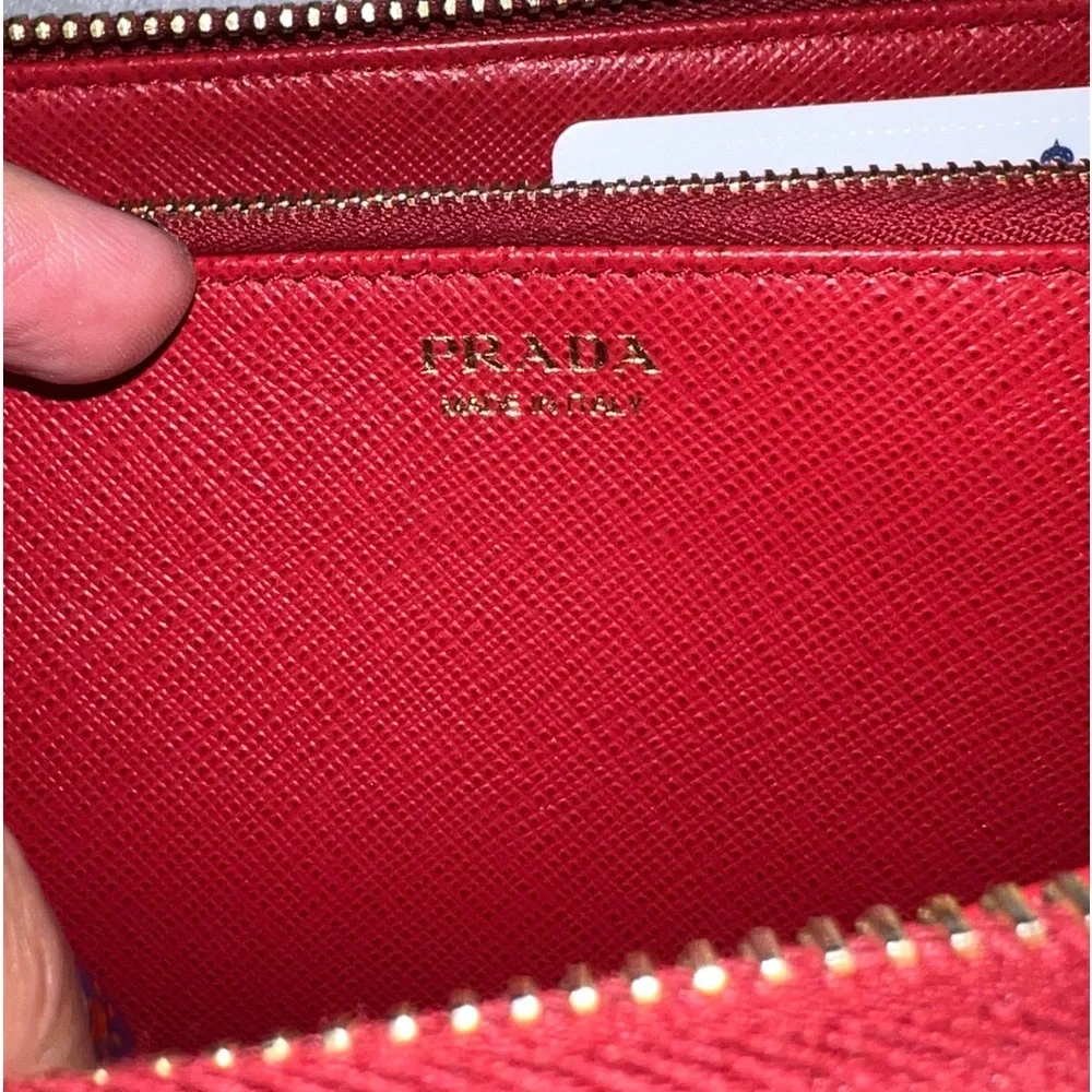 Auth PRADA Bundle Long Wallet Saffiano Shine Fuoco Red Leather, Box & Card - Picture 8 of 12
